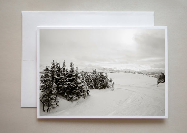This snowy, black and white photograph note card was taken on the ski hills of Banff, Alberta by photographer Caley Taylor.