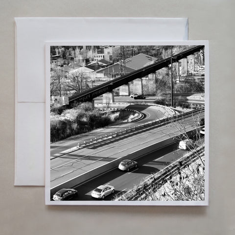 This black and white greeting card overlooks the Brickworks and the Don Valley Parkway turnoff in Toronto by photographer Caley Taylor.