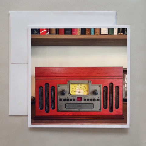 This photo greeting card shows an antique-styled, Crosley Lancaster record player by photographer Jennifer Echols.  Can you see the cute, mouse-like face?